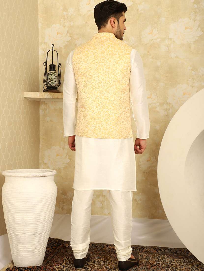 men silk blend kurta pyjama with jacket ethnic wear set - 20767676 -  Standard Image - 2