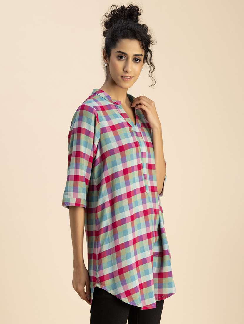 women checkered mandarin neck top - 20767815 -  Standard Image - 2