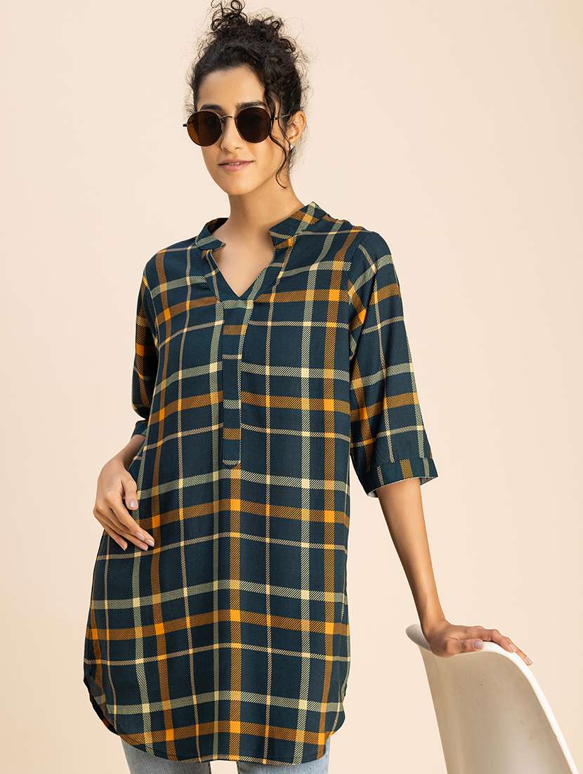 women checkered mandarin neck top - 20767817 -  Standard Image - 2