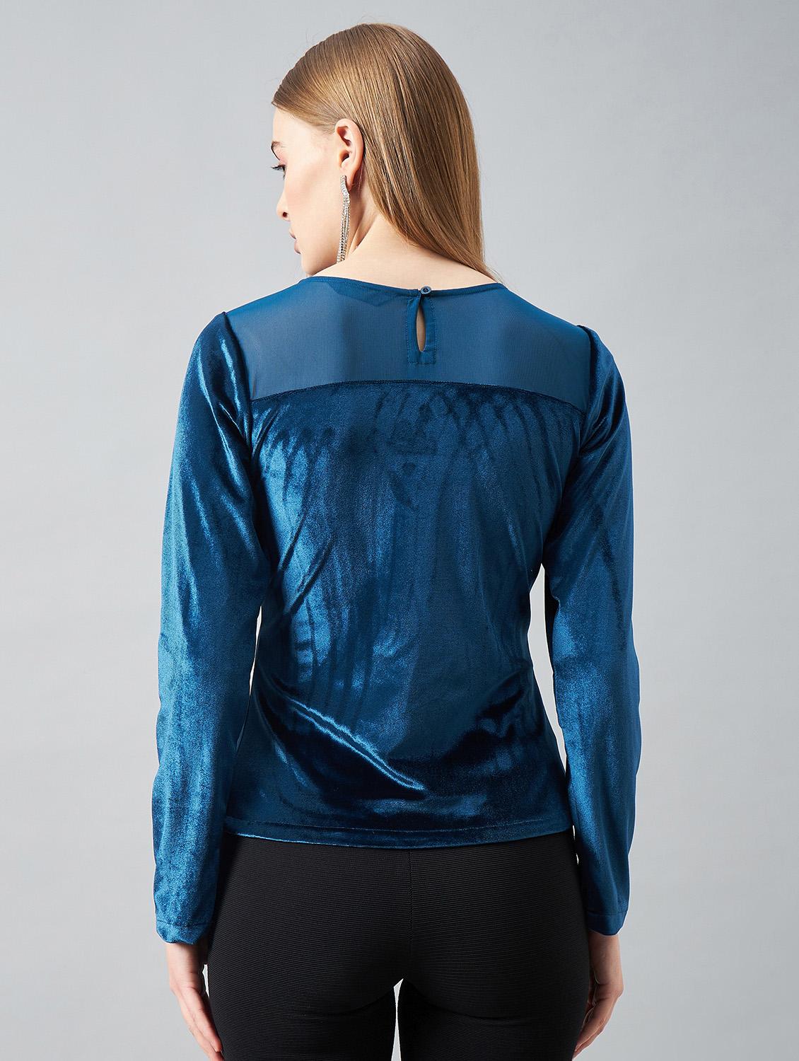 solid blue neck detailed velvet top - 20767881 - Standard Image - 2