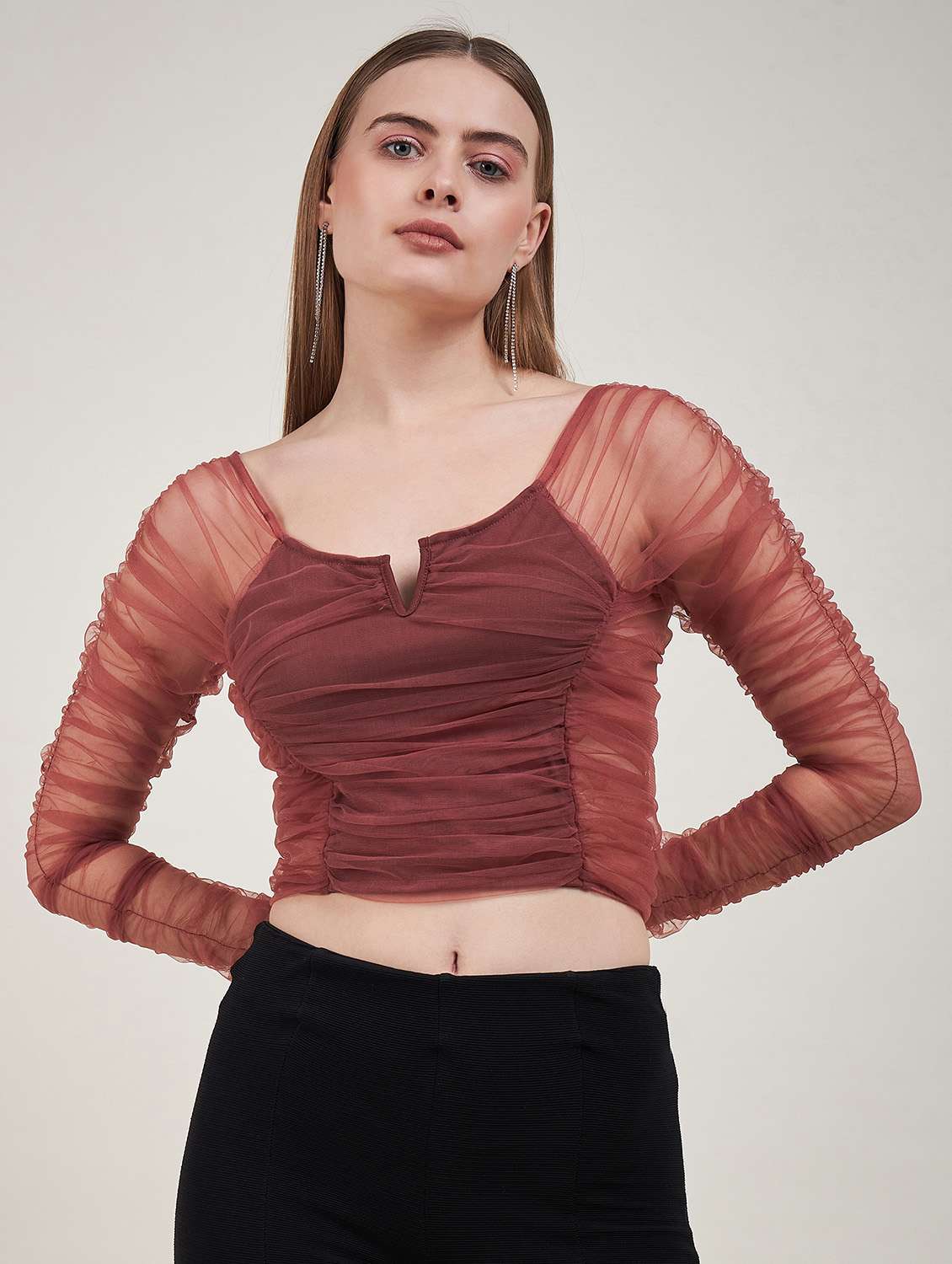 solid brown gathered detailed crop top
