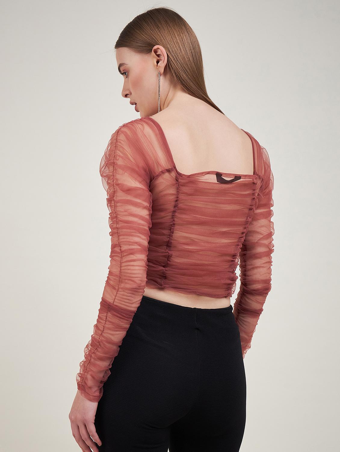 solid brown gathered detailed crop top - 20768035 - Standard Image - 2