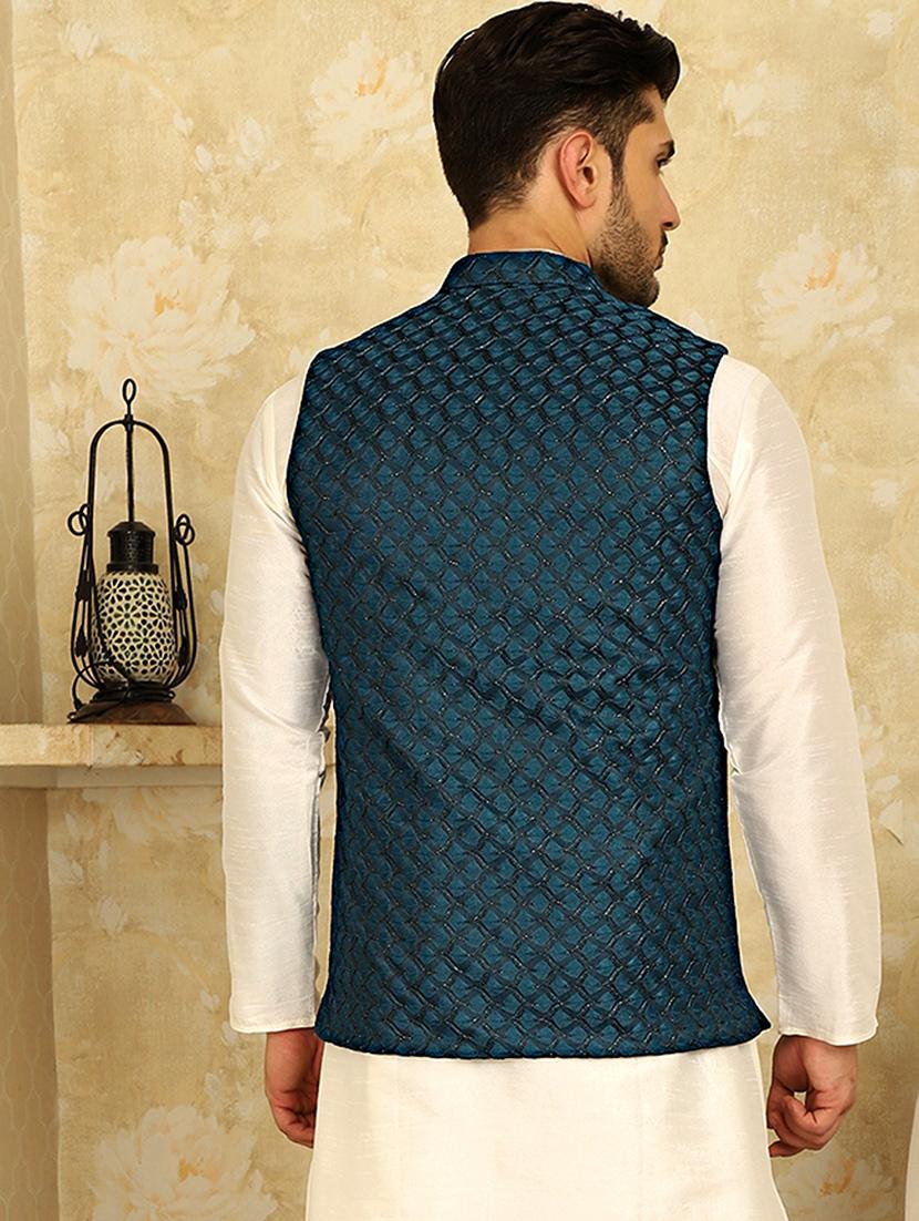 teal blue self design nehru jacket - 20768083 - Standard Image - 2