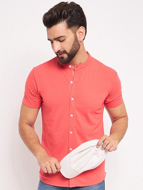 solid coral red henley neck casual shirt - 20768345 -  Standard Image - 0