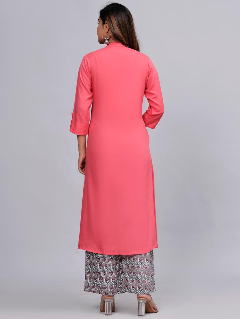 pink three quarter sleeve kurta palazzo set set - 20777778 - Standard Image - 2
