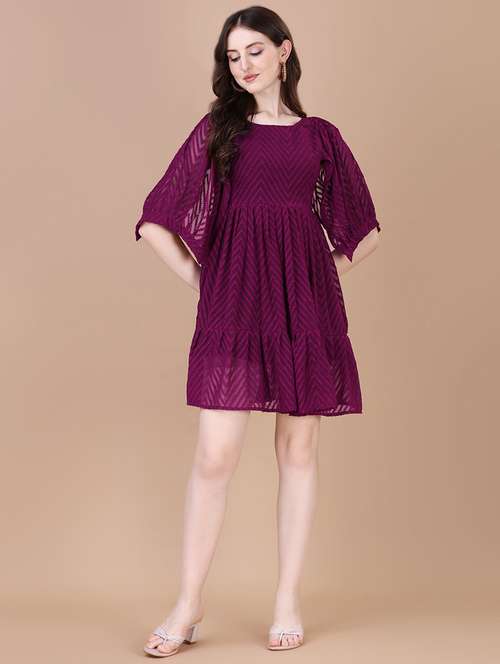purple self design fit & flared dress - 20794794 -  Standard Image - 0