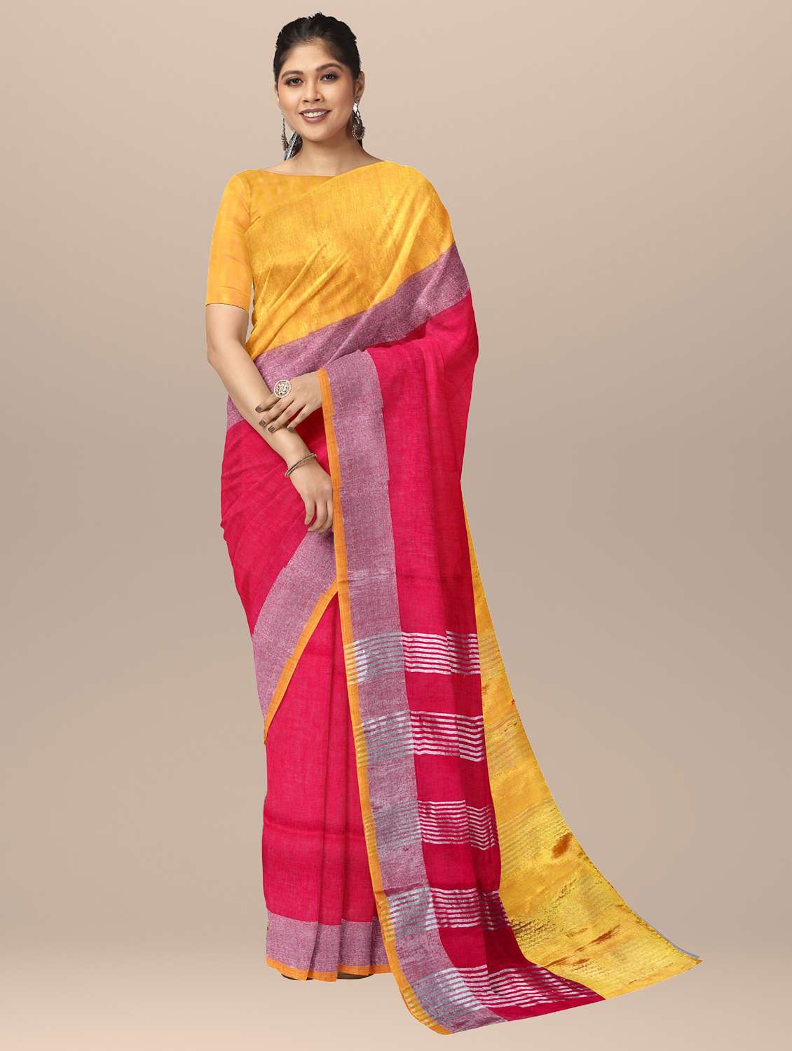 pink linen handloom saree with blouse - 20794796 - Zoom Image - 0