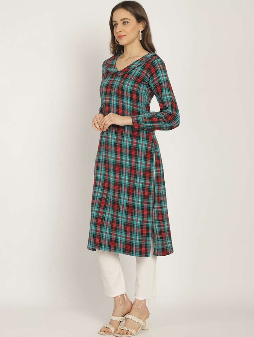 women checkered long sleeve woolen kurta - 20794992 -  Standard Image - 2