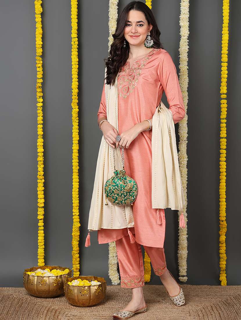 women orange notch neck suit set