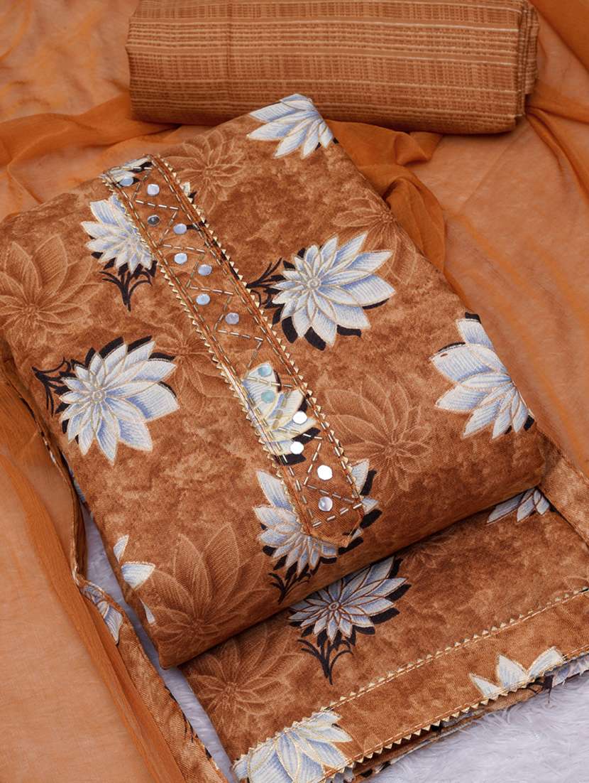 mustard floral printed unstitched suit set - 20795385 - Standard Image - 2
