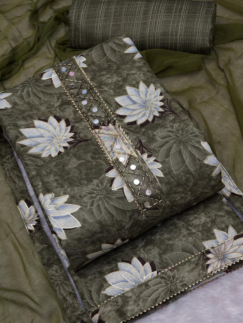 olive floral printed unstitched suit set - 20795386 - Standard Image - 2