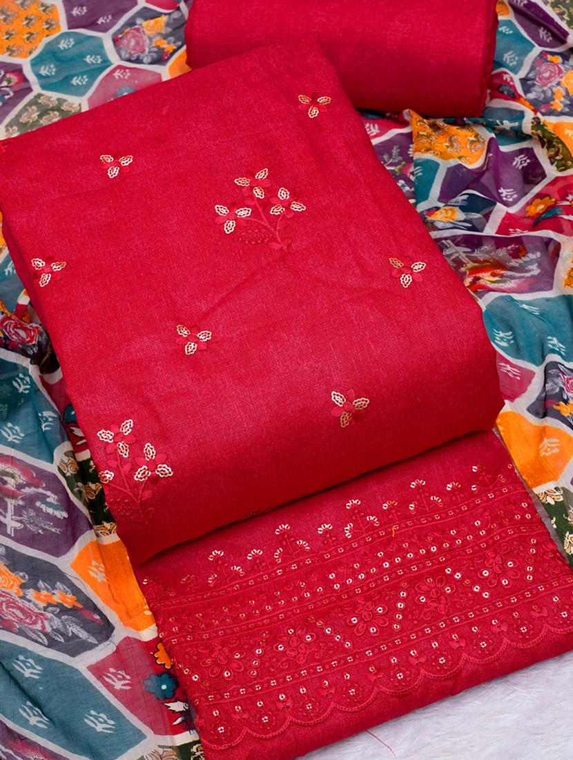 red embroidered unstitched suit set - 20795400 - Standard Image - 2