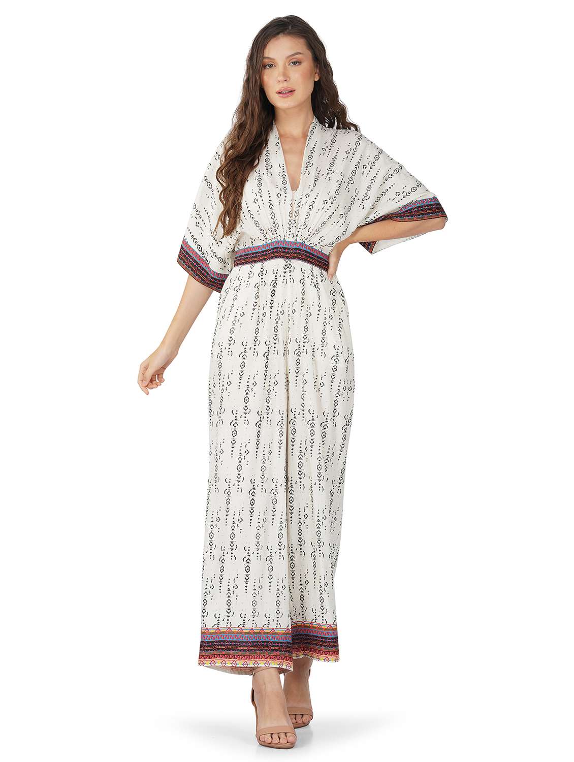 women printed kimono sleeves full leg jumpsuit