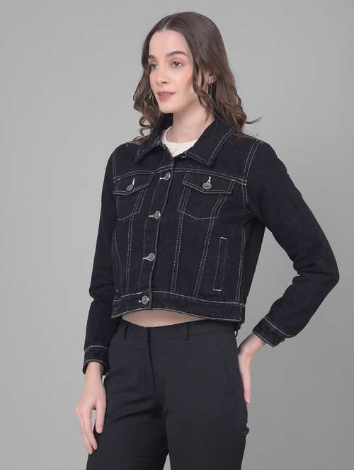 women solid black collared jacket - 20796963 - Standard Image - 0