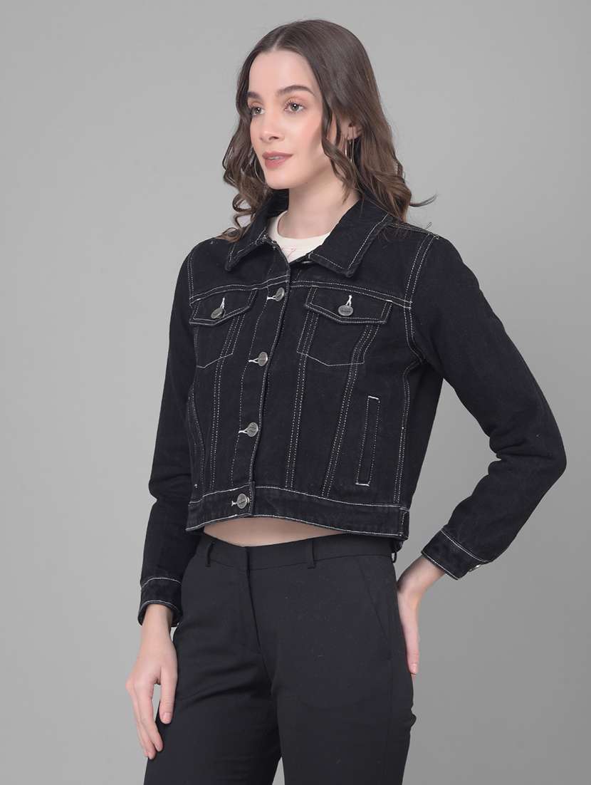 women solid black collared jacket - 20796963 - Zoom Image - 0