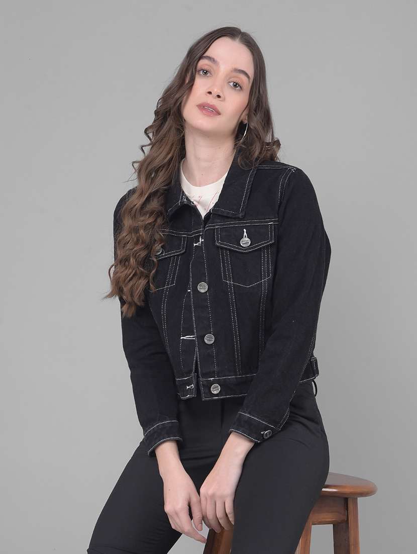 women solid black collared jacket - 20796963 - Standard Image - 2