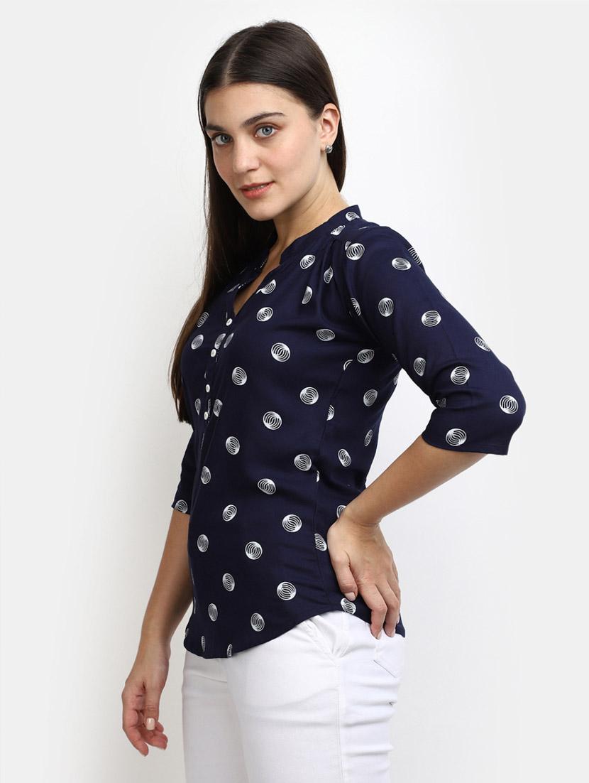 women mandarin neck printed a line top - 20798096 - Standard Image - 2