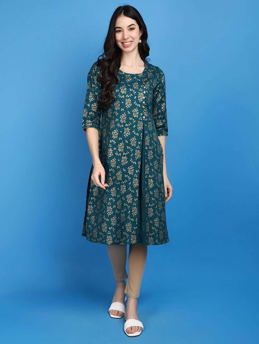 women teal round neck a-line kurta