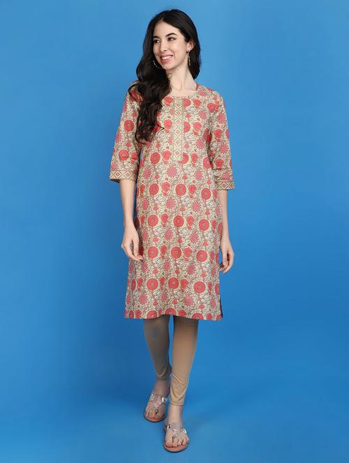 women beige round neck straight kurta - 20806473 -  Standard Image - 0