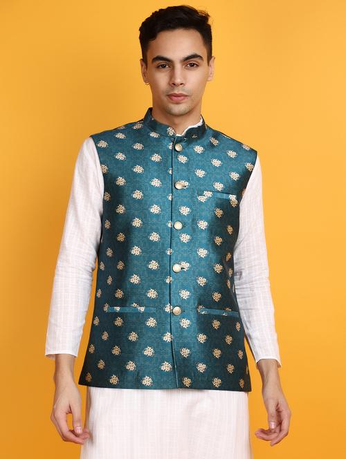 teal polyester nehru jacket - 20806536 -  Standard Image - 0