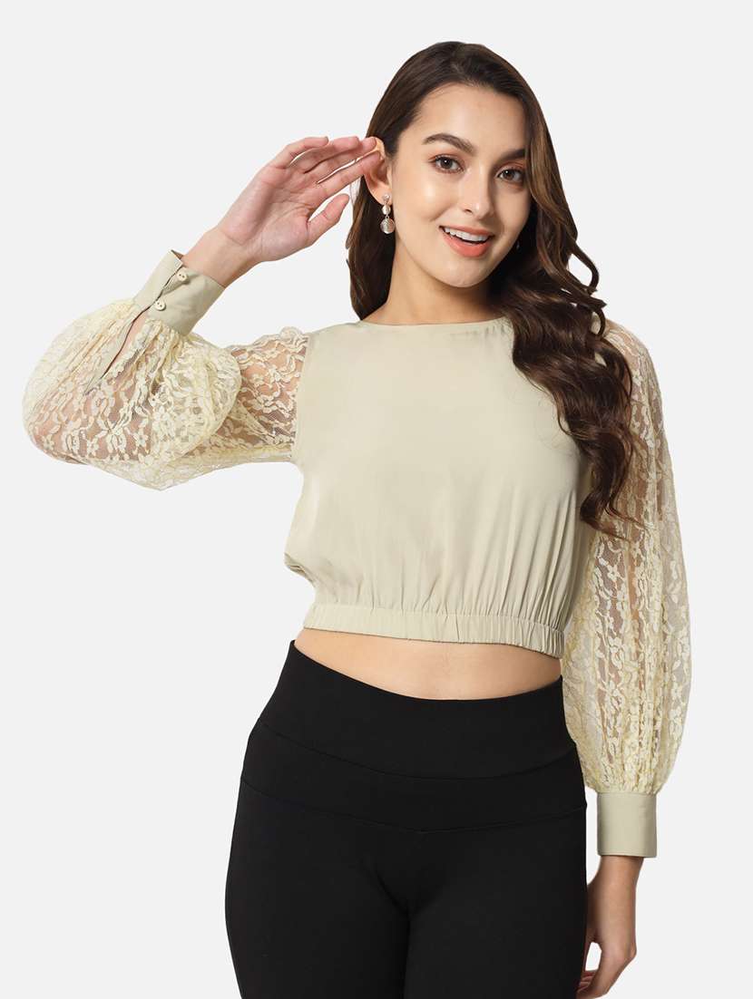 beige self design detailed crop top