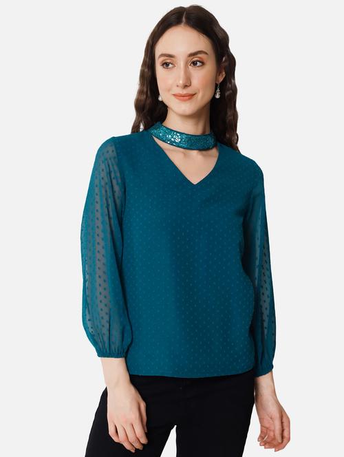 teal blue self design detailed regular top - 20807175 -  Standard Image - 0