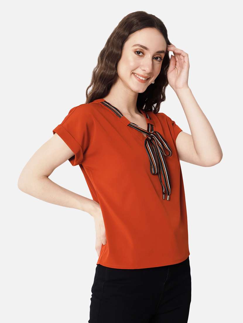 women rust solid v-neck regular top - 20807183 -  Standard Image - 2