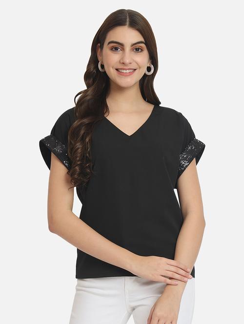 women black regular fit solid sequins detailed short sleeves top - 20807185 -  Standard Image - 0