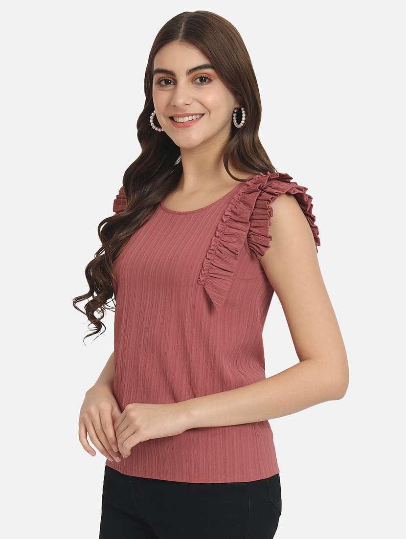 peach self design sleeves detailed regular top - 20807188 -  Standard Image - 2