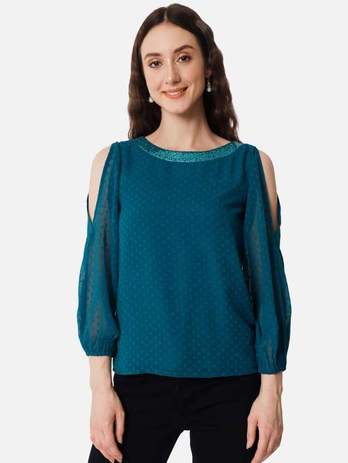 teal blue self design regular top