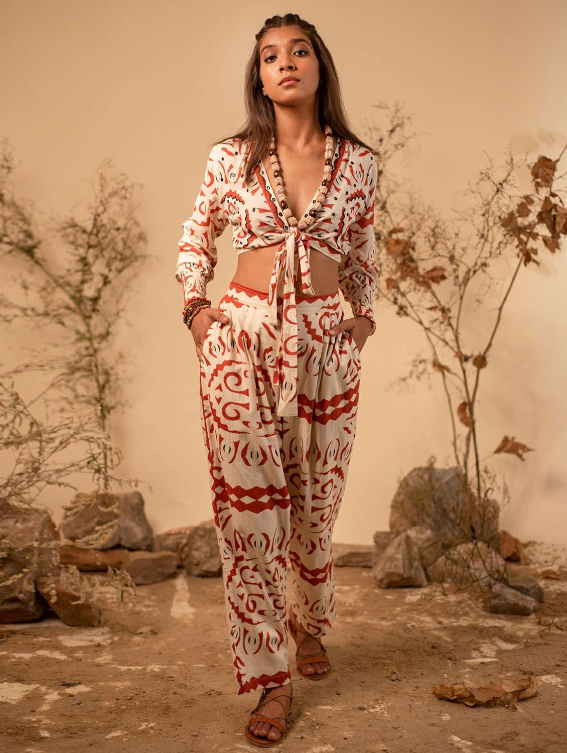 women beige printed top and palazzos co-ord set