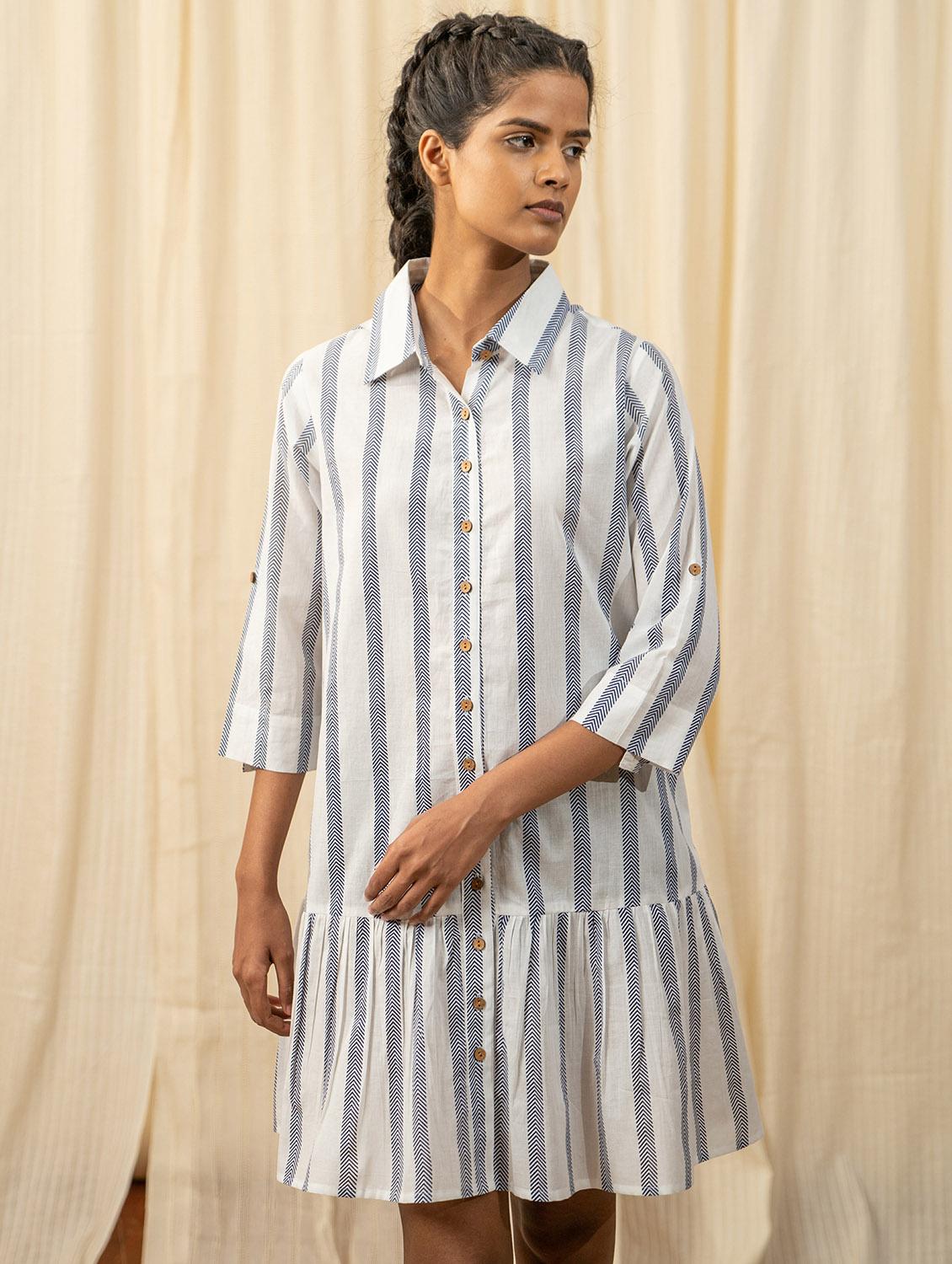 women white stripes printed a-line dress - 20807323 -  Zoom Image - 0