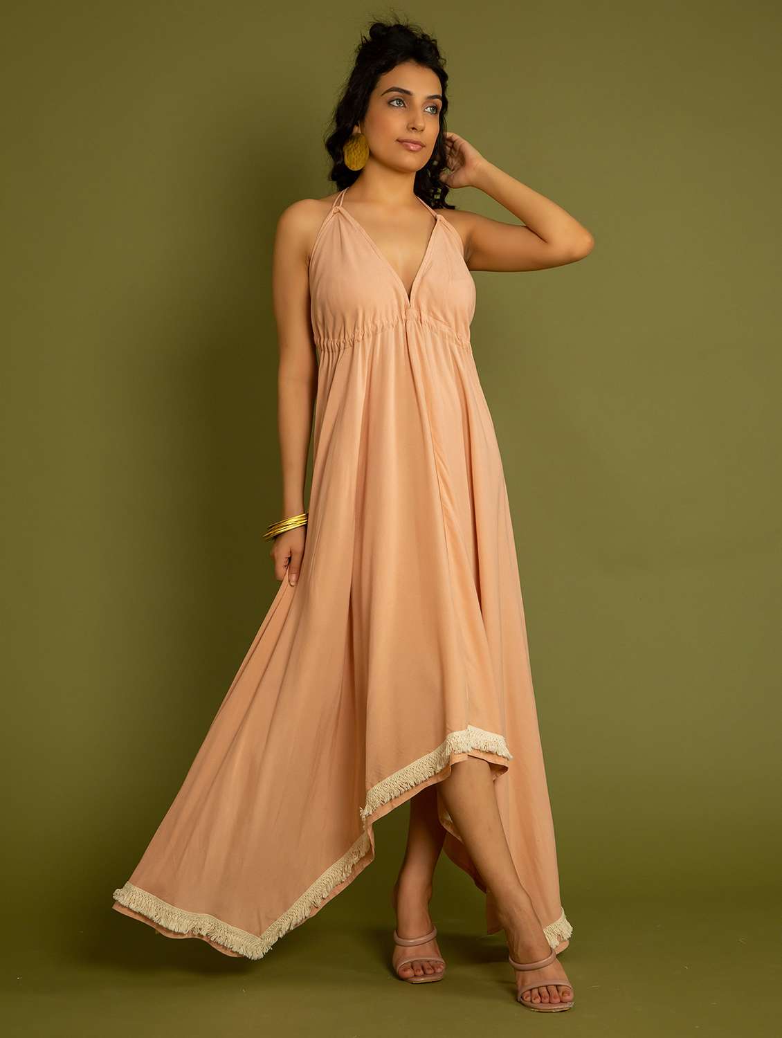 women peach solid with work a-line dress