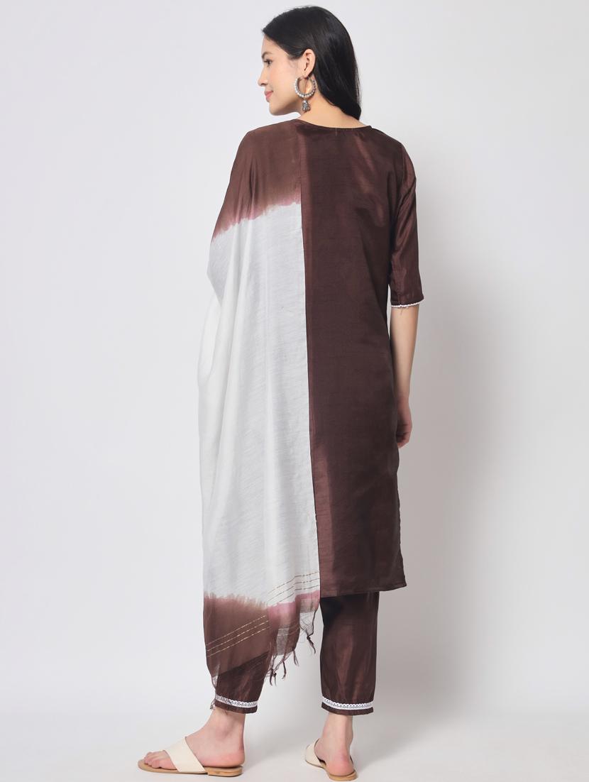 brown three quarter sleeve kurta pant set - 20809499 - Standard Image - 2