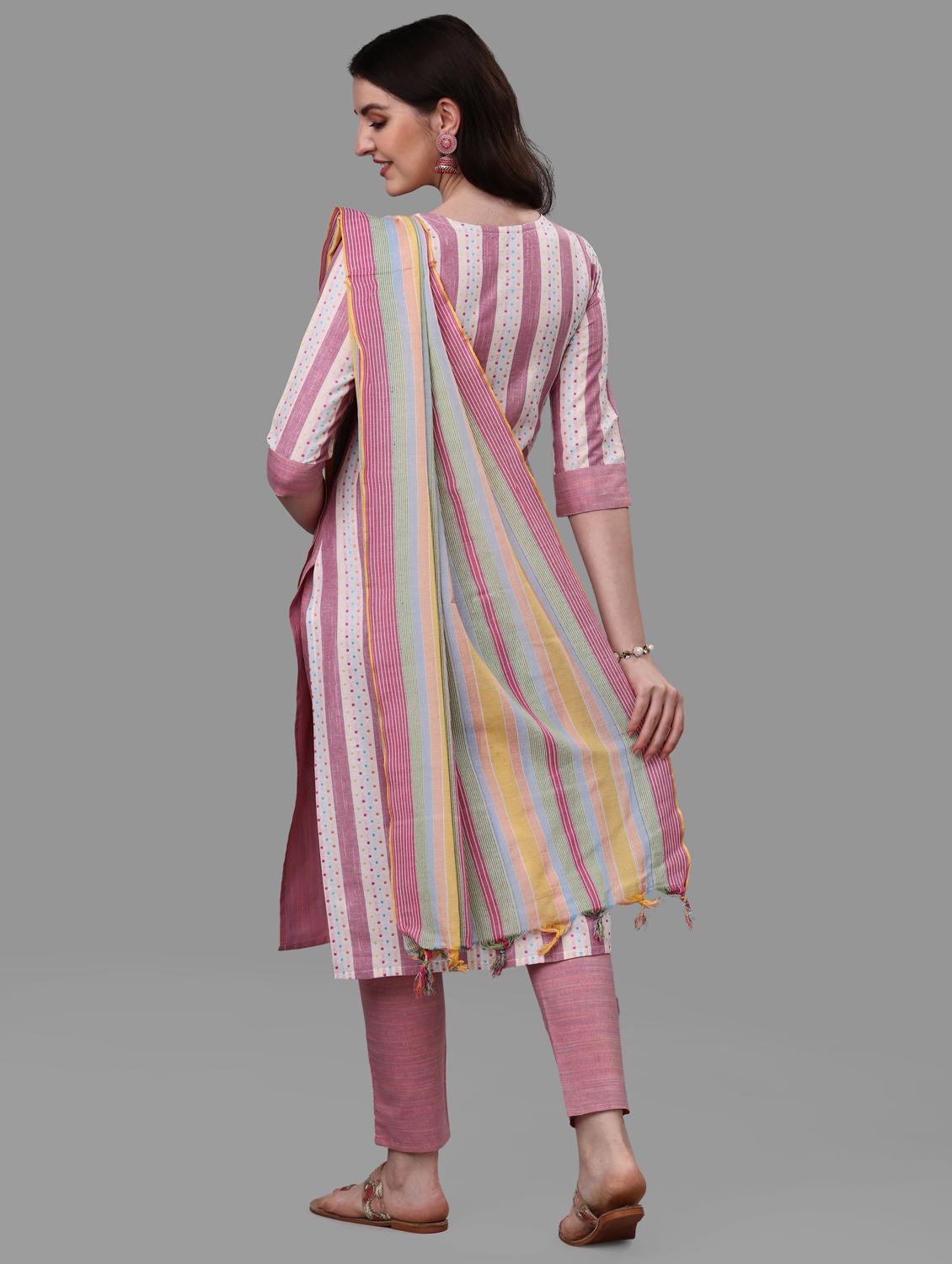 pink striped printed detailed kurta & pant set - 20809547 - Standard Image - 2