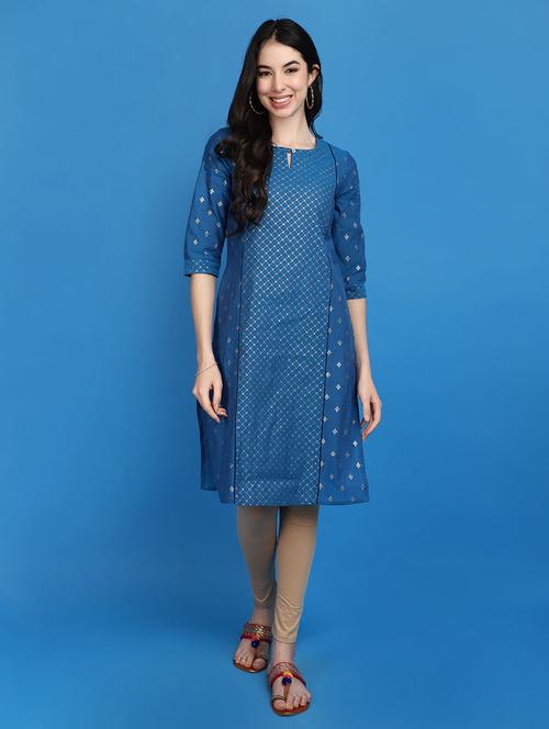 women blue key hole neck a-line kurta - 20809748 - Standard Image - 0