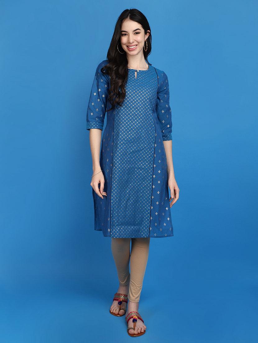 women blue key hole neck a-line kurta - 20809748 - Zoom Image - 0