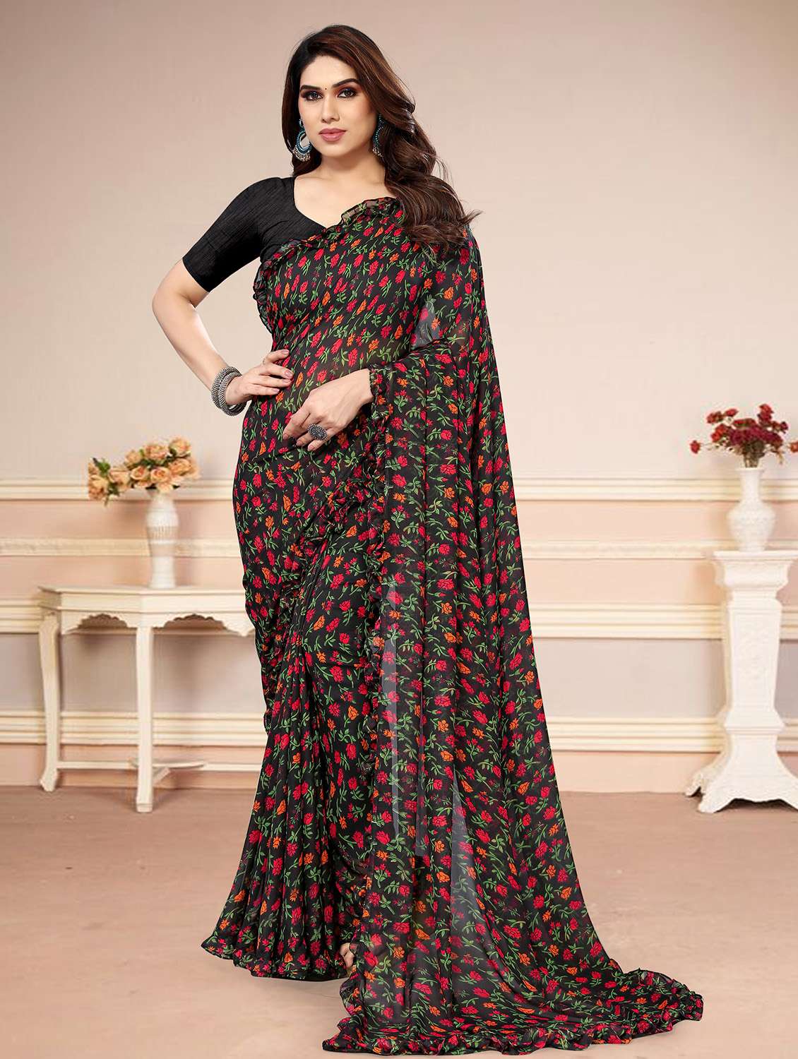 black floral printed ruffle detailed saree with blouse