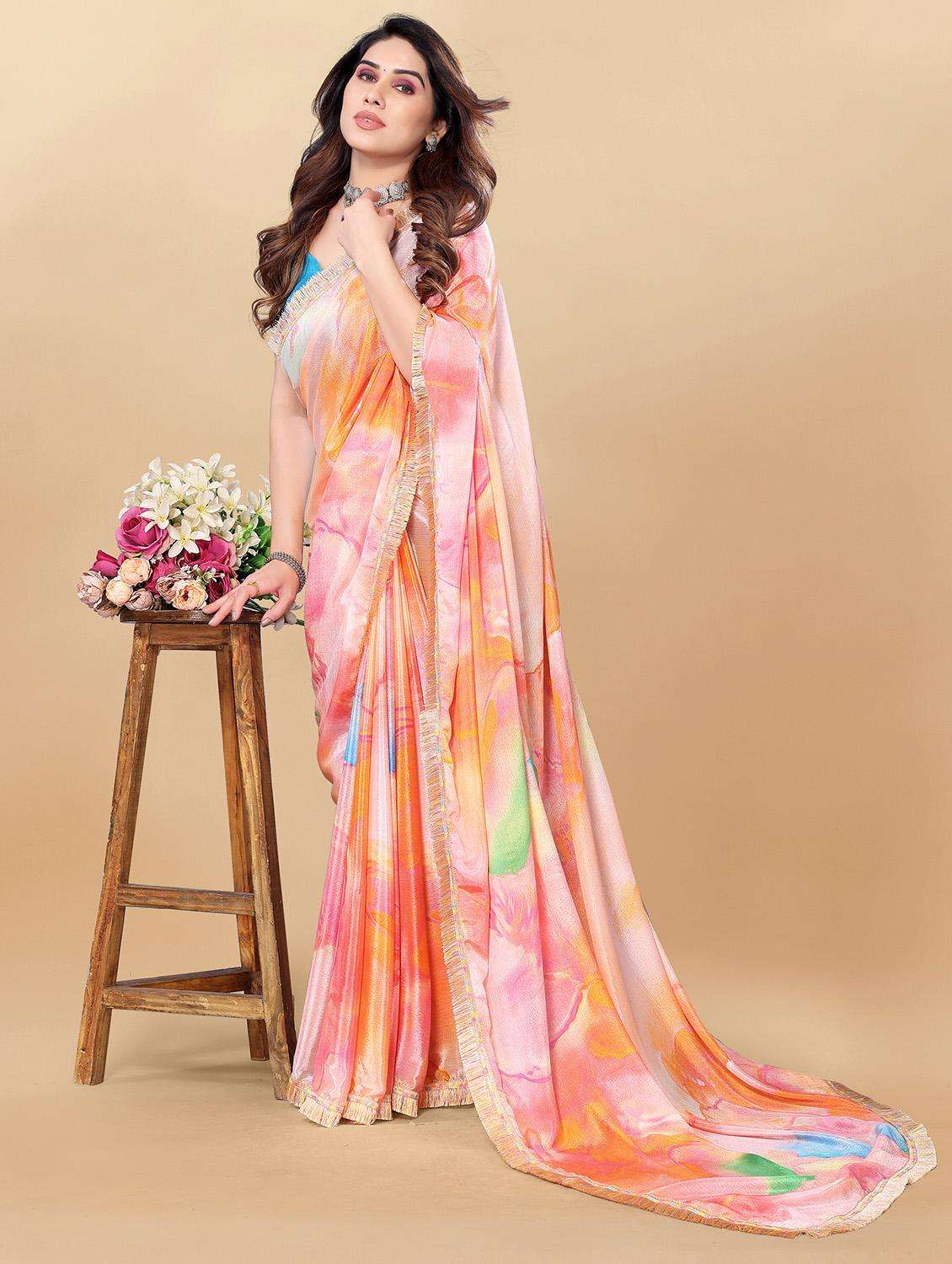 women multi color printed chiffon saree with blouse