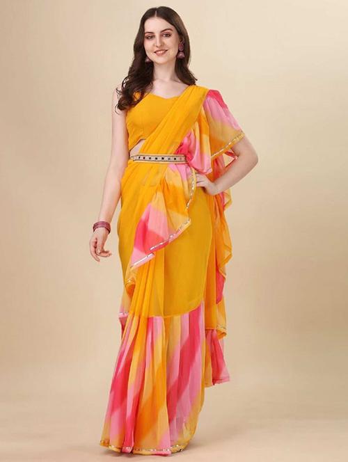 women yellow solid ruffle saree with blouse - 20810982 - Standard Image - 0