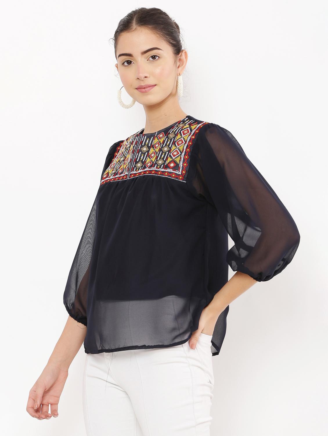 navy blue embroidered detailed regular top - 20811205 - Standard Image - 2