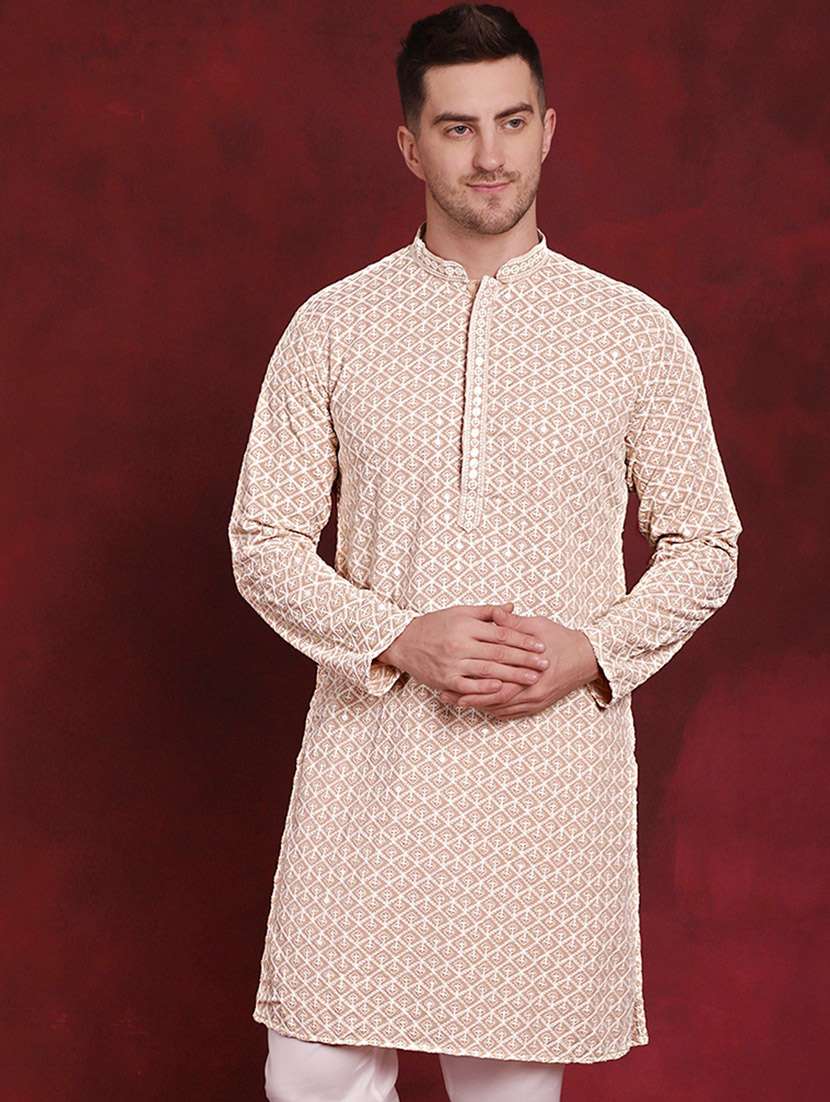 men solid with work mandarin neck long kurta