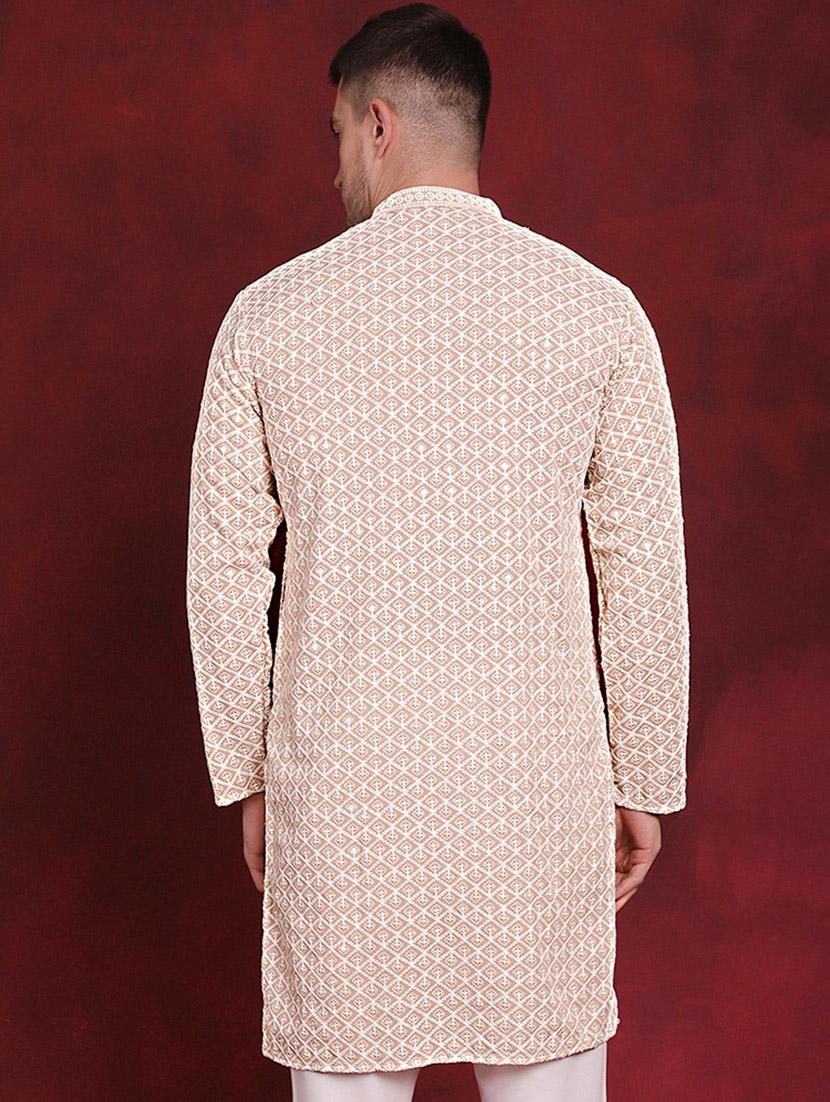 men solid with work mandarin neck long kurta - 20811845 - Standard Image - 2