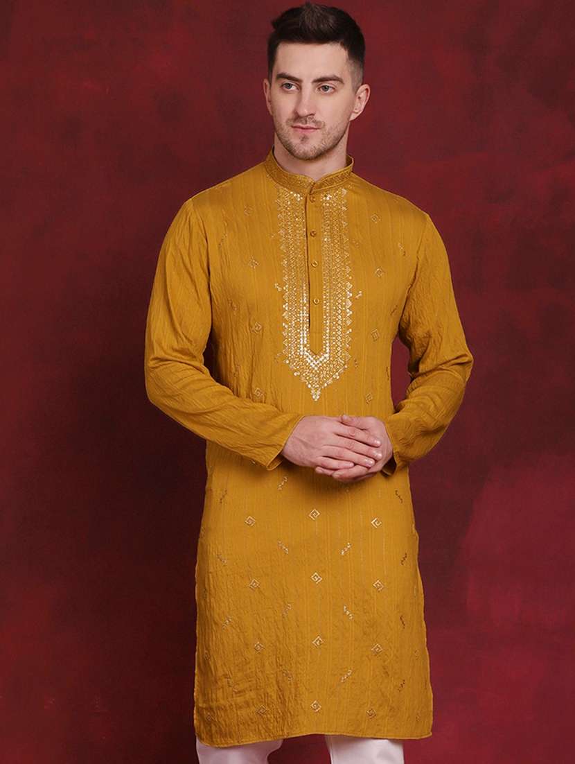 mustard embroidered viscose long kurta