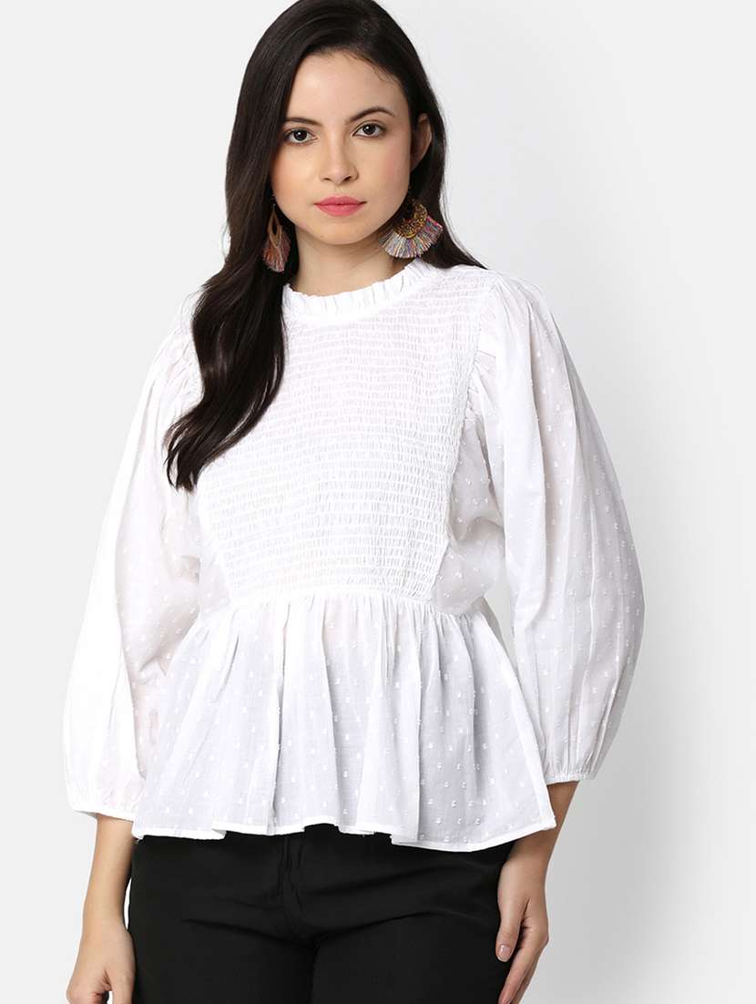 women white solid with work peplum top - 20812191 -  Standard Image - 2