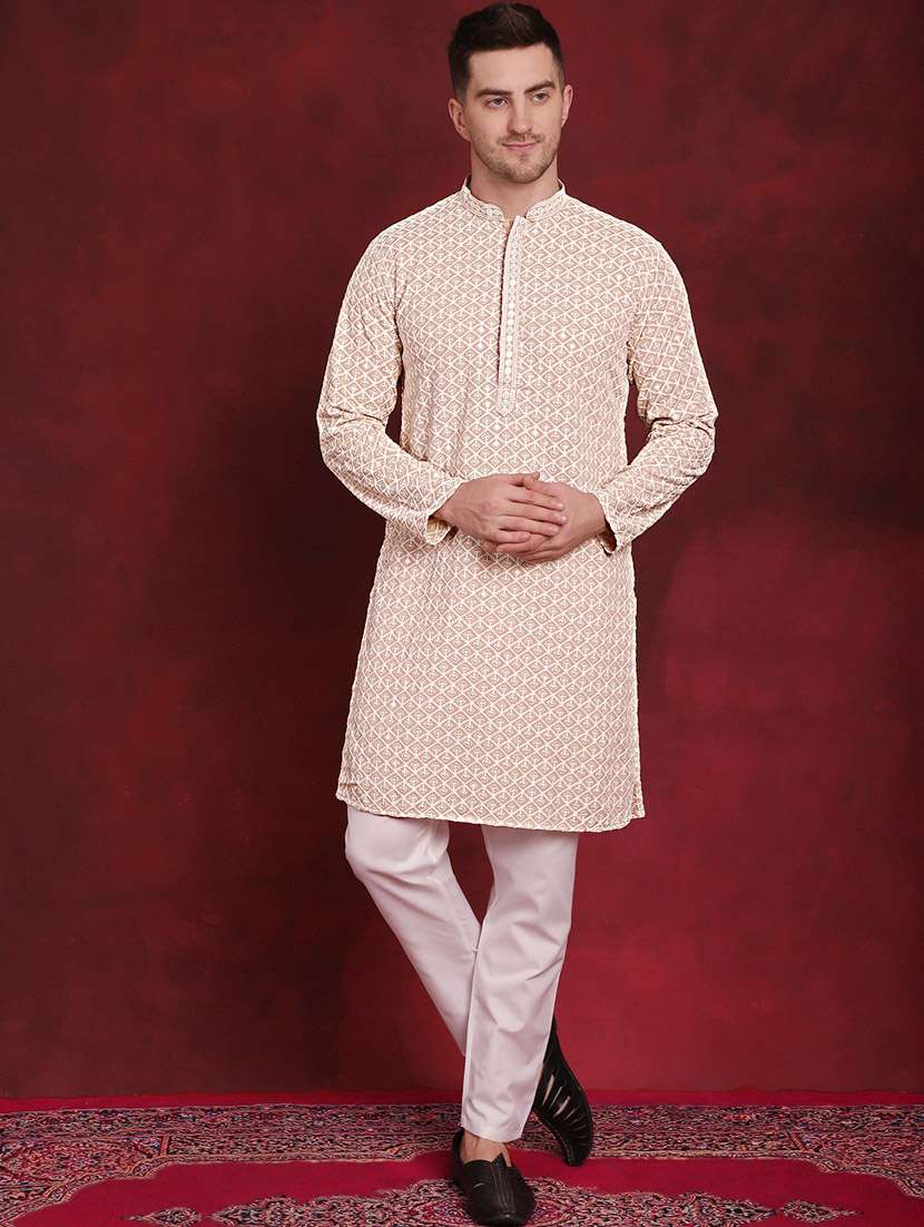 beige embroidered cotton kurta pyjama ethnic wear set