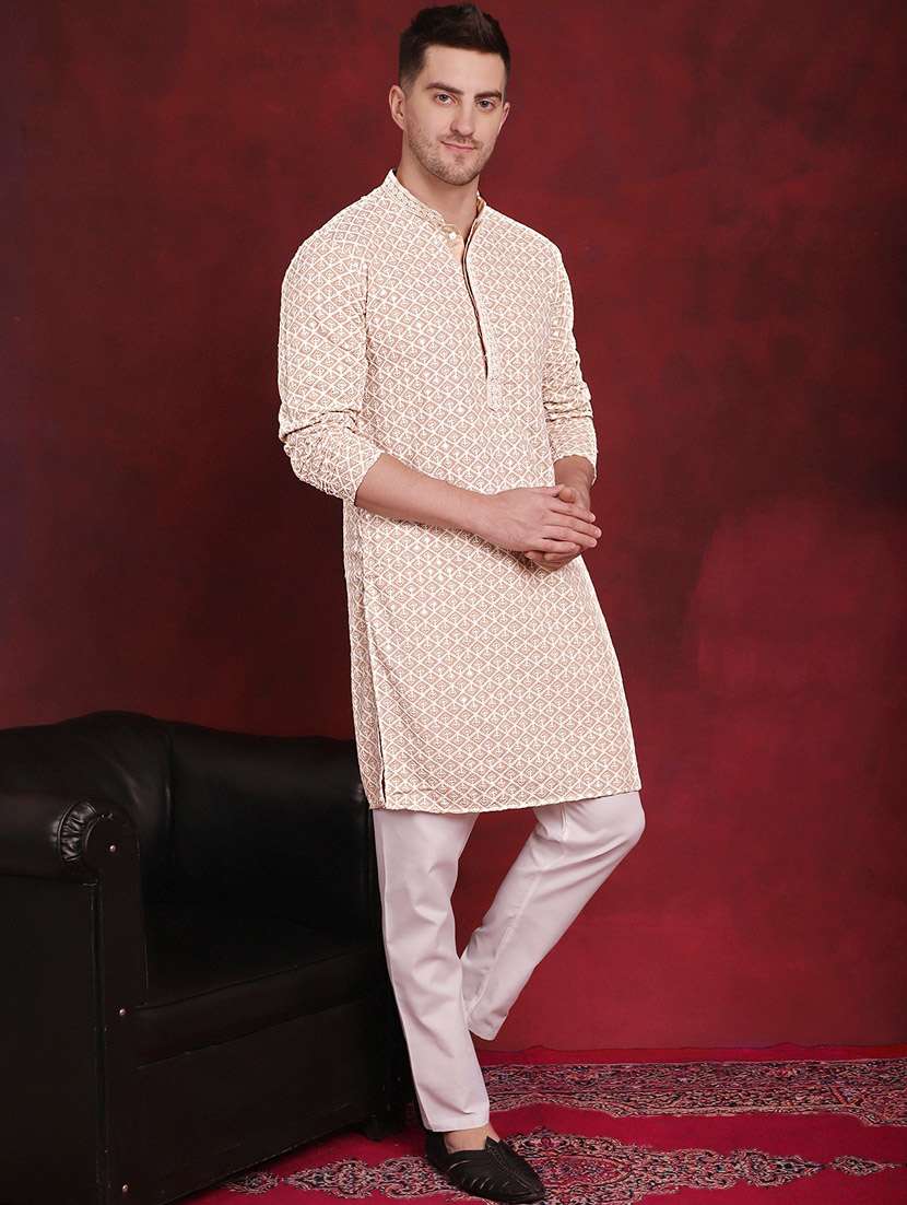 beige embroidered cotton kurta pyjama ethnic wear set - 20814643 -  Standard Image - 2