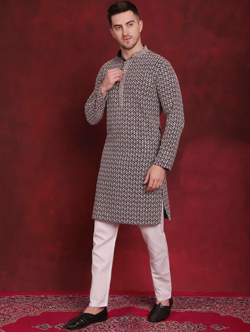 navy blue embroidered cotton kurta pyjama ethnic wear set - 20814644 -  Standard Image - 2