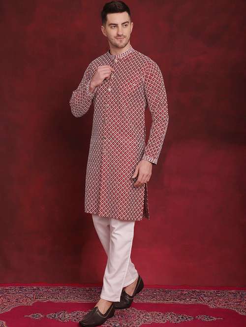 red embroidered detailed kurta & pyjama set - 20814652 -  Standard Image - 0