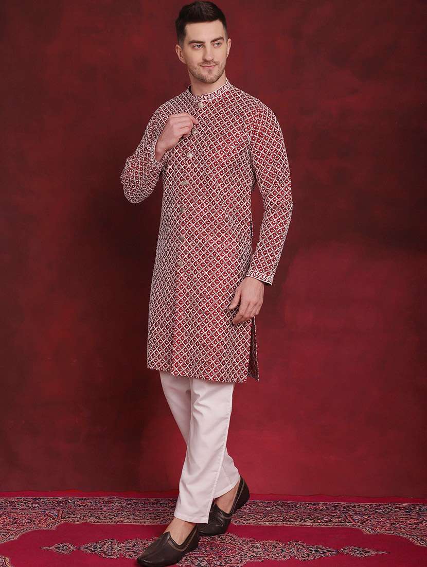 red embroidered detailed kurta & pyjama set - 20814652 -  Zoom Image - 0